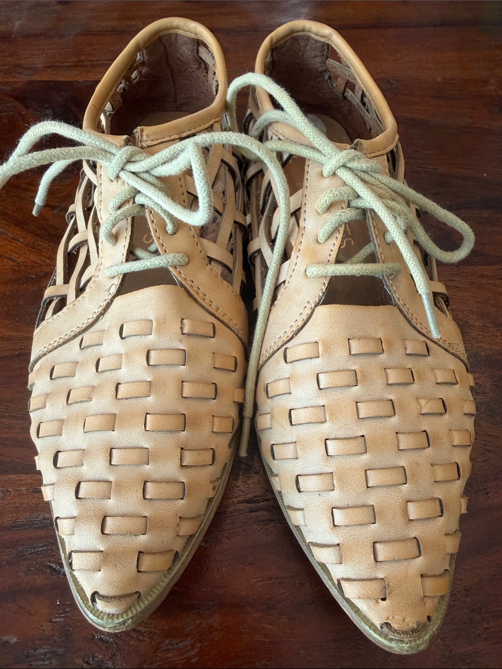 Coconuts by Matisse Woven Lace-Up Pointed Flats in Tan with Light Green Laces.